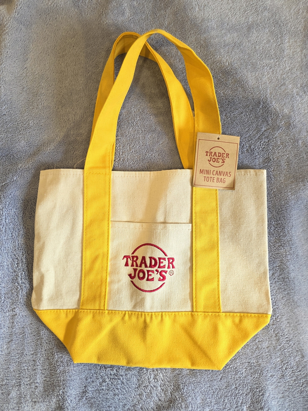 Trader Joe's Mini Canvas Tote Bag Yellow Beige Foldable Cotton Polyester